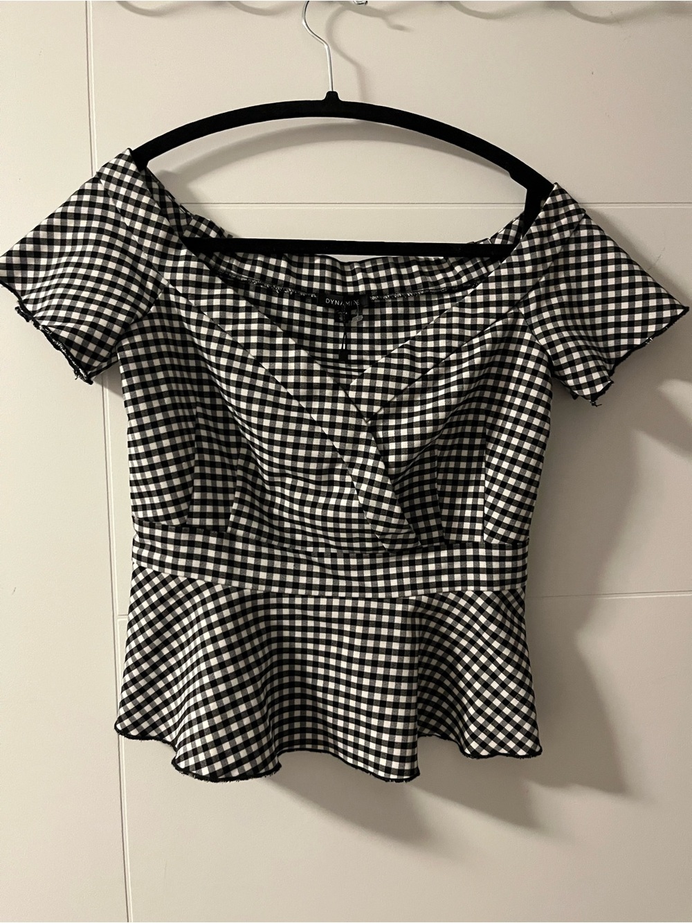 Dynamite Black & White Gingham Off-Shoulder Peplum Top
